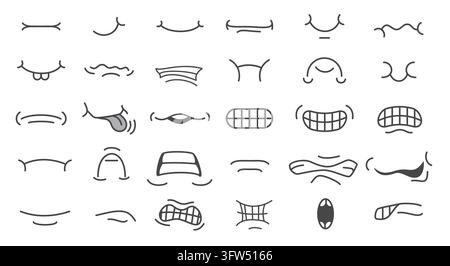 Hand drawn cartoon mouth doodle set featuring smiles, frowns, lips, teeth, tongue and expressive facial elements for comic characters, emojis, stickers isolated on white background vector illustration Stock Vector