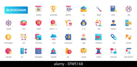 Blockchain and cryptocurrency finance symbols covering mining, wallets, smart contracts, security, exchange and decentralized network operations gradient flat icons set vector illustration Stock Vector