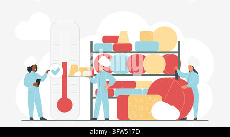 Tiny workers monitor cheese storage with thermometer, checklist and dairy shelves in a cold room, showing food preservation, warehouse management, refrigeration safety vector illustration Stock Vector