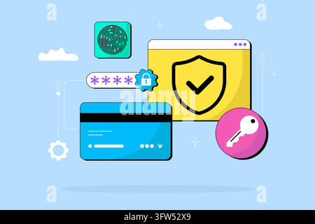 Secure payment with fingerprint, key, and shield. Blue card linked to digital protection. Simple design highlights safety and trust. Stock Vector
