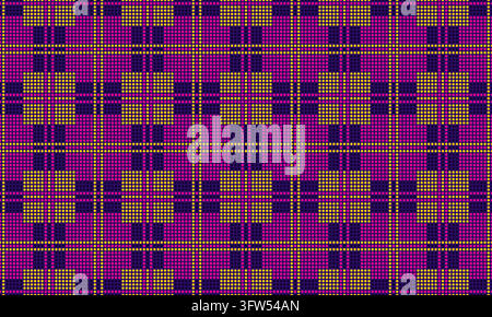 Vibrant plaid pattern in bold purple and gold tones. Grid structure features repeating square blocks. Stock Vector