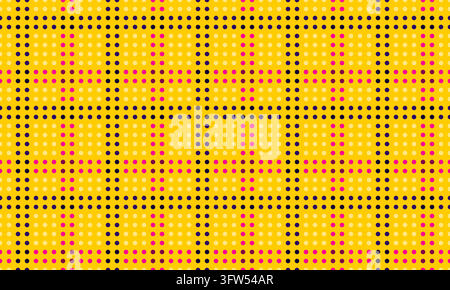 Bright yellow background with bold grid pattern. Black dots form precise, repeating lines. Red dots add contrast and energy to the design. Stock Vector