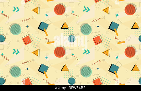 Vibrant geometric shapes float across a soft, sunny background. Triangles, circles, and squares in bold hues dance playfully. Stock Vector