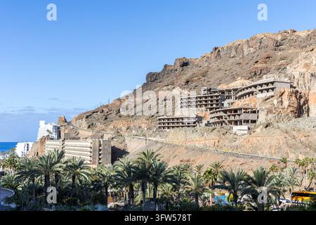 Ruins of abandoned building place concrete hotel on Gran Canaria in Taurito, Spain Stock Photo