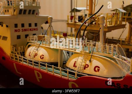 Model of LPG gas carrier ship with LPG tanks on deck Stock Photo