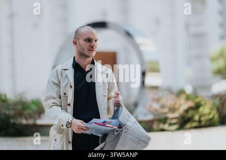 Young man carrying documents and a shoulder bag while standing outdoors near modern architecture. A casual portrait of a man holding papers in an urba Stock Photo