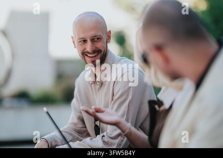 A smiling man talks with a colleague during a casual outdoor work meeting. The coworkers share a friendly conversation while using a laptop in an info Stock Photo