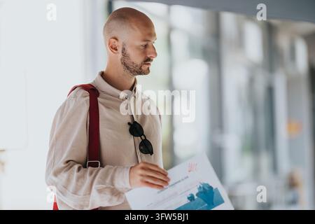 A bald man in a casual shirt holds a printed document with charts. He stands in a bright modern interior, ready to review the report. Stock Photo