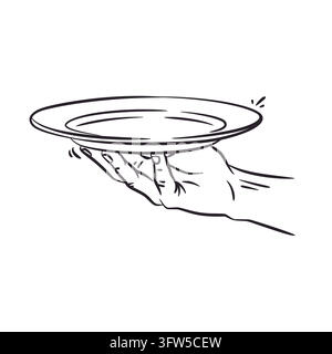 A clean line art illustration depicting a waiter or server hand balancing an empty ceramic dinner plate. Drawn in a bold black sketch style on a white Stock Vector