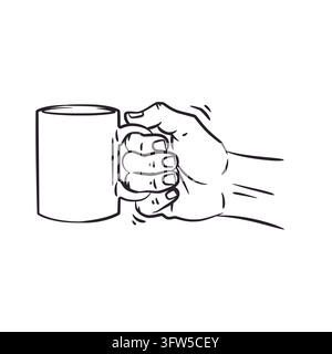 A clean line art drawing depicting a human hand gripping a blank ceramic mug. Created in a bold black sketch style on a white background, perfect for Stock Vector