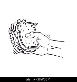 A clean line art illustration depicting a human hand holding a fresh sandwich with layers of lettuce, cheese, and sliced bread. Rendered in a bold bla Stock Vector