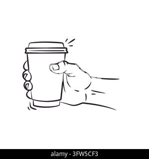 A clean line art illustration depicting a human hand holding a blank paper coffee cup with a lid. Executed in a black sketch style on a white backgrou Stock Vector
