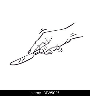 A clean line art illustration depicting a human hand holding a metal butter or table knife. Rendered in a bold black sketch style on a white backgroun Stock Vector