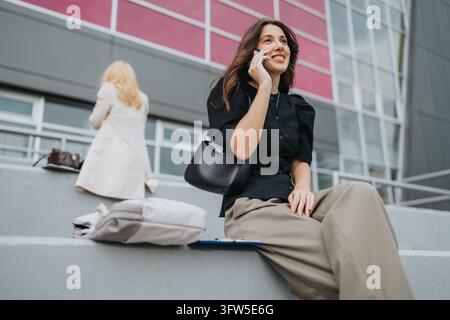 Young woman sits on a concrete ledge and talks on her smartphone, smiling confidently. Stock Photo
