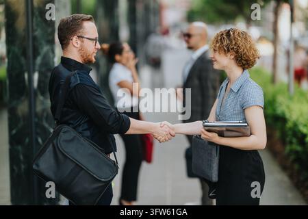 A man and a woman professionally dressed shake hands while holding work bags and documents. The pair greet each other on an urban sidewalk in a brief Stock Photo