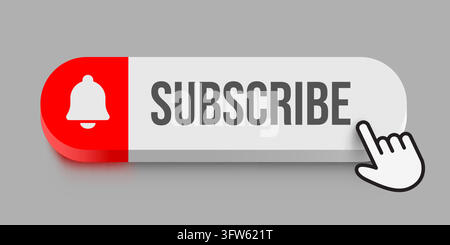 Subscribe button with notification bell icon and cursor hand for social media channel. Vector illustration Stock Vector