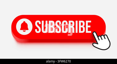 Red Subscribe button with notification bell icon and computer cursor for website channel. Vector illustration Stock Vector