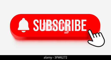 Red Subscribe button with notification bell icon and computer mouse cursor. Modern interface Vector illustration Stock Vector
