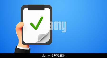 Cartoon hand holding a clipboard with a green check mark for task completion status. Vector illustration. Stock Vector