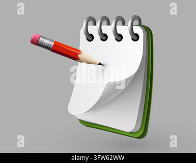 3D render of a notebook with a pencil, capturing creative work and study concepts. Vector illustration. Stock Vector