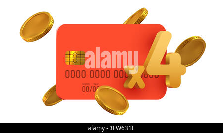 3D red credit card with golden coins and multiplier icon showing a four times bonus offer. Vector illustration Stock Vector