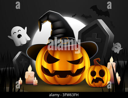 Halloween background with spooky pumpkins and ghosts in a dark cemetery scene. Vector illustration. Stock Vector