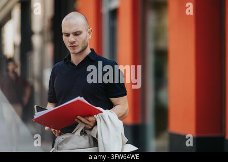 Young man reads a red folder while standing on a city sidewalk. A focused professional reviews documents outdoors near urban storefronts. Stock Photo