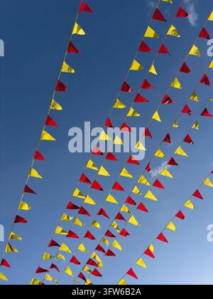 Colorful flags hanging on rope for party with blue sky background Stock Photo