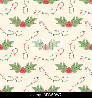 Christmas seamless pattern made of holly leaves, berries, and festive lights garlands. Wrapping paper for Christmas holidays and a festive seasonal background. Decorative winter surface design. Stock Vector