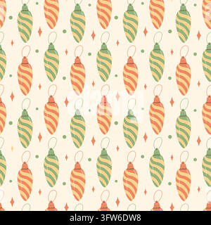 Seamless pattern of striped Christmas baubles and festive ornaments. Holiday wrapping paper and seasonal textile design. Cheerful Christmas celebration and winter decoration. Stock Vector