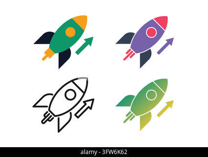 This vector icon set illustrates a launching rocket ship accompanied by an upward trend arrow, representing startup launch, business growth, and rapid Stock Vector