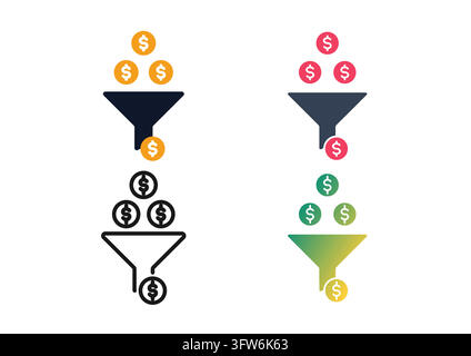 This vector icon collection illustrates dollar coins passing through a filter funnel, symbolizing sales conversion and revenue optimization. Designed Stock Vector