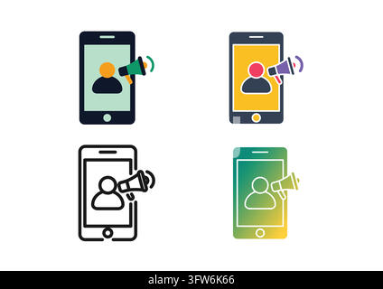 This vector icon collection showcases a smartphone screen displaying a user profile icon with a broadcasting megaphone. Presented in flat, colorful, o Stock Vector