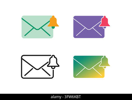 This vector icon collection features an envelope with a ringing notification bell attached, symbolizing incoming message alerts. Presented in flat, co Stock Vector