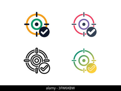 This vector icon collection showcases a crosshair target symbol combined with a checkmark badge, representing successful goal achievement and accuracy Stock Vector
