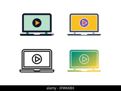 This vector icon collection features an open laptop screen displaying a central play button symbol, representing video streaming and online media play Stock Vector