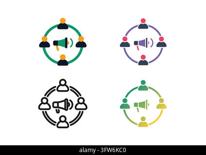 This vector icon set illustrates a broadcasting megaphone encircled by user profile avatars, symbolizing viral marketing, community outreach, and refe Stock Vector