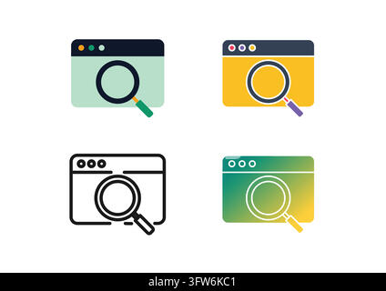 This vector icon collection displays a magnifying glass over a web browser window across four distinct design themes. Featuring flat, colored, line ar Stock Vector