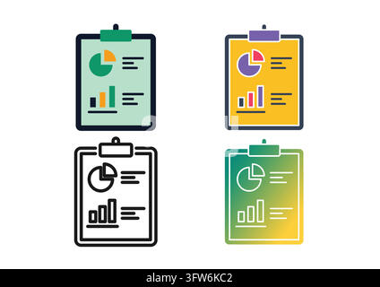 This vector icon collection features a clipboard document displaying pie chart and bar graph analytics data. Presented in flat, colorful, line art, an Stock Vector