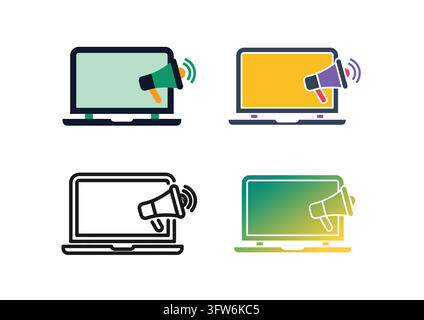 This vector icon collection depicts an open laptop screen paired with a broadcasting megaphone, representing online marketing and digital promotion. P Stock Vector
