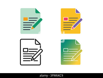 This vector icon collection showcases a document page with a pencil writing on it, symbolizing content creation and editing. Designed in flat, colorfu Stock Vector