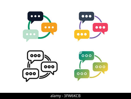This vector icon collection features speech bubbles arranged in a circular exchange loop representing continuous communication. Presented in flat, col Stock Vector