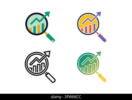 This vector set features magnifying glass icons focusing on rising bar charts and upward trend lines. Designed in flat, outline, filled, and gradient Stock Vector