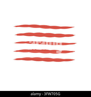 Five horizontal vermilion dry brush strokes with rough texture on white, grunge painted lines Stock Vector