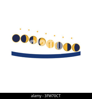 Eight moon phases in a row over a sweeping navy ribbon, lunar cycle chart with gold star accents on white. Stock Vector