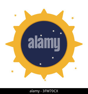 Eclipse emblem, dark moon disc over gold corona with radiating rays and stars on white. Stock Vector