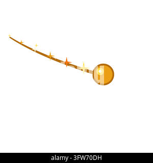 Golden comet with a curved trail of shrinking twinkling stars, sparkling space illustration on white. Stock Vector