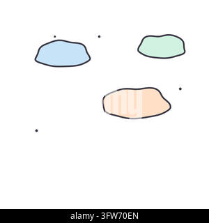 Three pastel hand-drawn doodle clouds in blue, peach and mint with dots on white Stock Vector