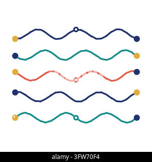 Parallel wavy signal traces with solder pads and connection vias, hand drawn circuit doodle pattern on white. Stock Vector