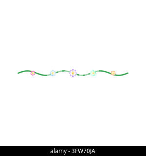 Daisy-chain divider with pastel daisies on a wavy green stem, flowers growing toward a large lavender center daisy, on white. Stock Vector